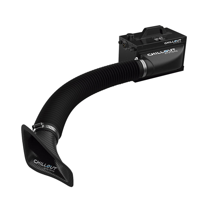 Chillout Motorsports 3-inch carbon fiber 90-degree air plenum for cooling system airflow optimization.