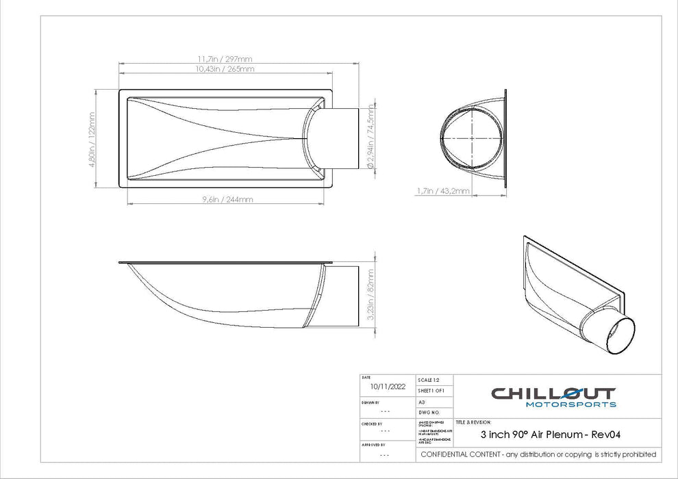 Chillout Motorsports 3-inch carbon fiber 90-degree air plenum for cooling system airflow optimization.