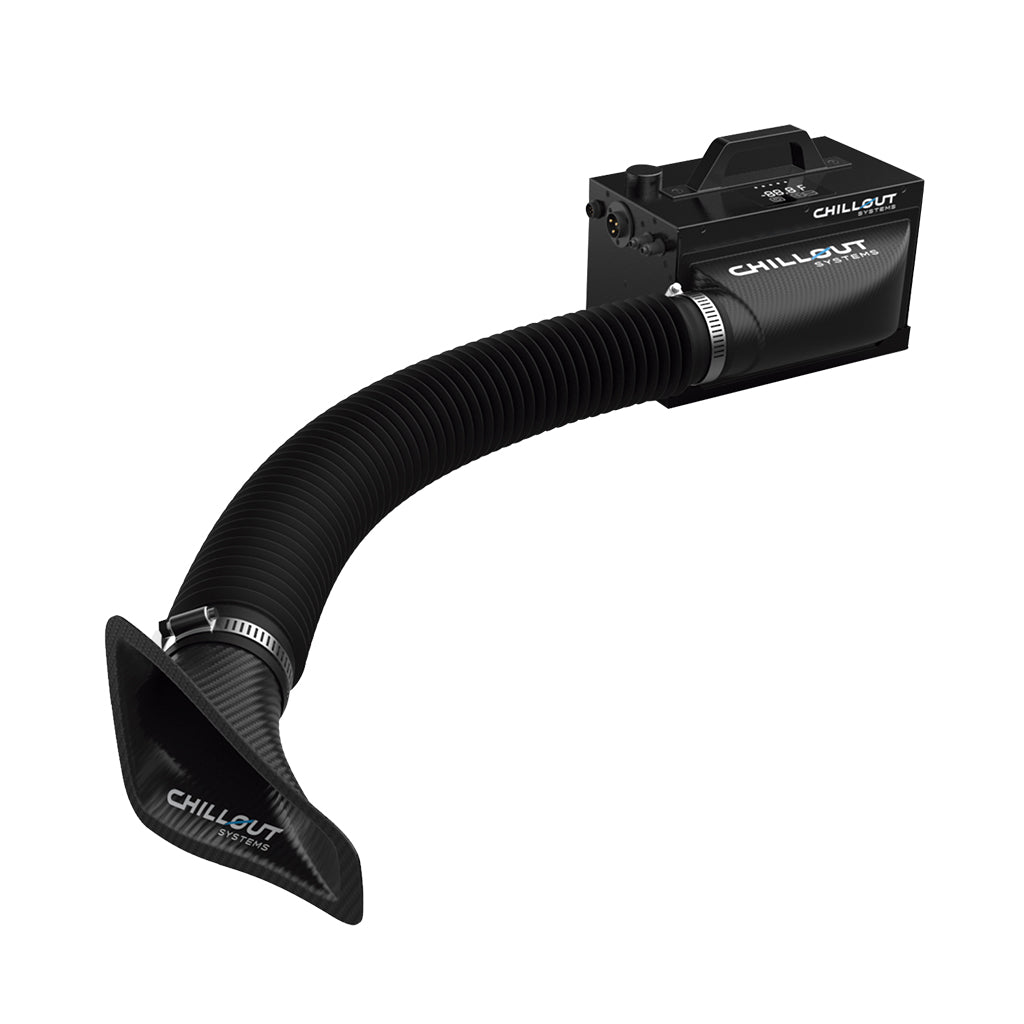 Chillout Motorsports 3-inch carbon fiber 90-degree air plenum for cooling system airflow optimization.