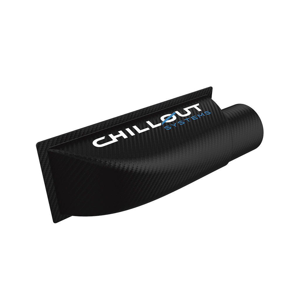 Chillout Motorsports 3-inch carbon fiber 90-degree air plenum for cooling system airflow optimization.