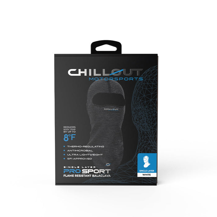 Chillout Motorsports Pro Sport Single Layer Flame Resistant Balaclava – lightweight, SFI-rated motorsport head protection with thermo-regulating technology